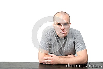 Man with strange face expression isolated on white background Stock Photo