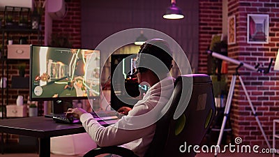 Man streaming online multiplayer first person shooter surprised after losing online competition Stock Photo