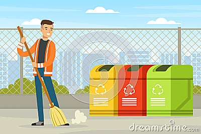 Man Street Cleaner or Garbageman in Orange Uniform Sweeping Yard Ground with Broom Vector Illustration Vector Illustration