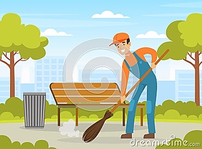 Man Street Cleaner or Garbageman in Orange Uniform Sweeping Yard Ground with Broom Vector Illustration Vector Illustration