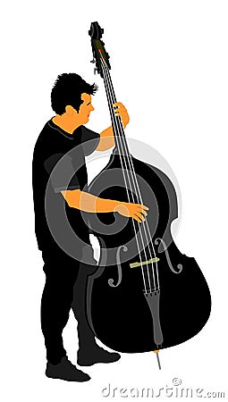 Man on street playing contra-bass . Cartoon Illustration