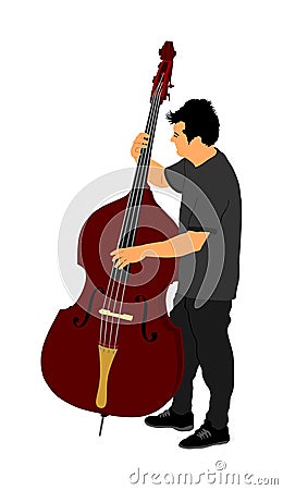 Man on street vector illustration playing contra-bass. Music man standing on the concert event. Contra bass artist. Cartoon Illustration