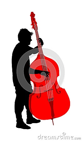 Man on street vector silhouette illustration playing contra-bass. Music man standing on the concert event. Contra bass artist. Cartoon Illustration