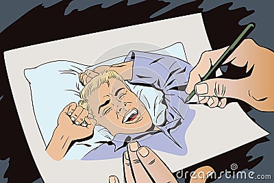 Man stretches after a nap. Hand paints picture. Vector Illustration