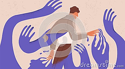 Man struggling with fear, social influence, control and manipulation. Concept of escaping from addiction and dependence Vector Illustration