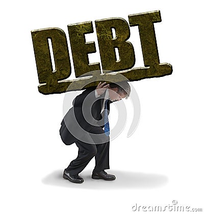 Man struggling to carry the burden of a huge stone DEBT representing financial trouble Stock Photo