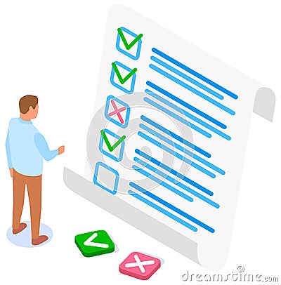 Man studying questionnaire. Businessman makes choice between buttons. Exam assessment concept Vector Illustration