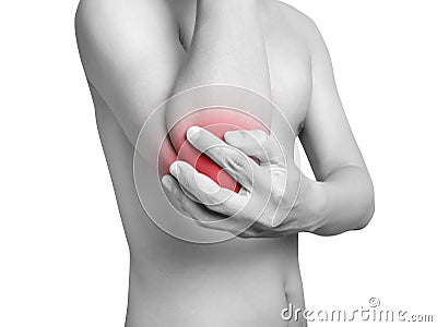 Man suffering from elbow pain, joint pains. mono tone color Stock Photo