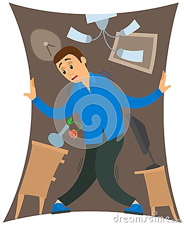 Man suffers from fear of closed narrow rooms. Person with claustrophobia, phobia of enclosed spaces Vector Illustration