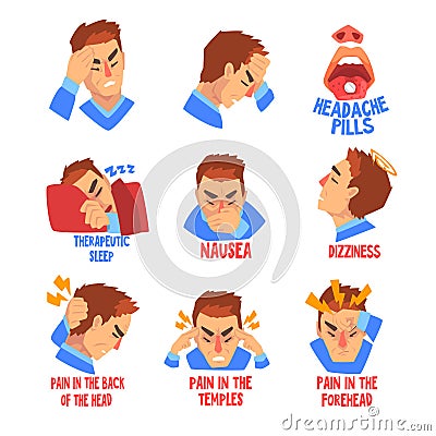 Man suffering from headache and dizziness set, disease of the head, migraine, sick unhappy man character vector Vector Illustration