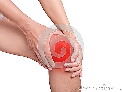 Man suffering from knee pain, joint pains. red color highlight Stock Photo