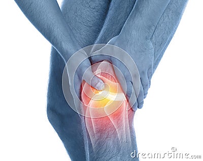 Man suffering from knee pain on background, closeup. Color tone effect Stock Photo