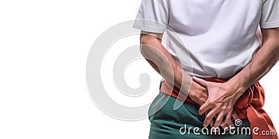 Man suffering lower abdominal pain. AI generated Stock Photo