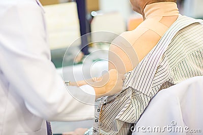 Man suffering from pain in shoulder, Muscle soreness. Stock Photo