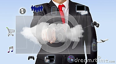 Man In Suit Accessing Media Content Through Cloud Computing Stock Photo