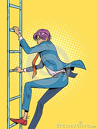 A man in a suit climbs or descends a ladder. Career ladder requires work and effort. Striving to reach your goal. Pop Vector Illustration