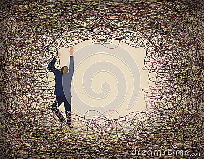 A man in a suit climbs and struggles against a tangle of colored lines of wire Cartoon Illustration