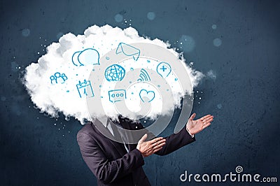 Man in suit with cloud head and blue icons Stock Photo