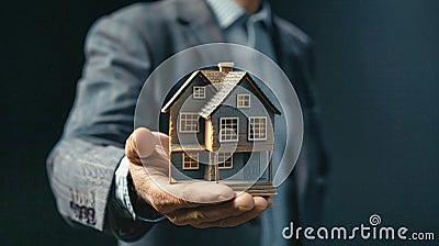 A man in a suit delicately holds a small model of a house in his hand, symbolizing real estate transactions and the dream of Stock Photo