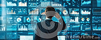 A man in a suit examines a wall of digital screens displaying complex data charts in a high-tech, evening setting Stock Photo