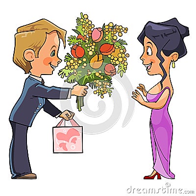 Man in suit gives a bouquet of flowers and a gift woman Vector Illustration