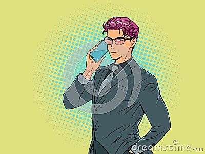 A man in a suit and glasses is talking on the phone. Serious conversation. A professional in his field. Resolving the Vector Illustration