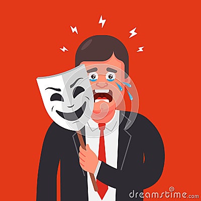 A man in a suit hides his emotions behind a mask. hide tears. Vector Illustration