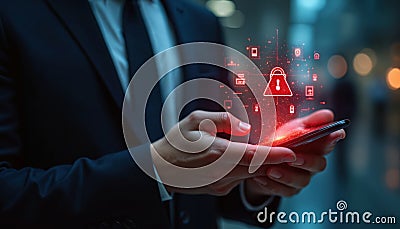 Man in suit holds hacked smartphone with alert. Cyber attack on computer network, virus, malware. Cyber security, cybercrime, Stock Photo