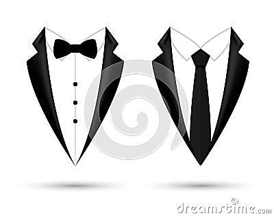 Man suit icon isolated background with bow and tie. Fashion black business jacket design Vector Illustration