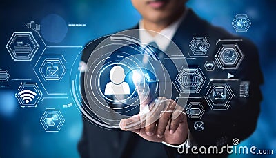 A man in a suit interacts with a digital interface, highlighting a person icon representing user experience Stock Photo