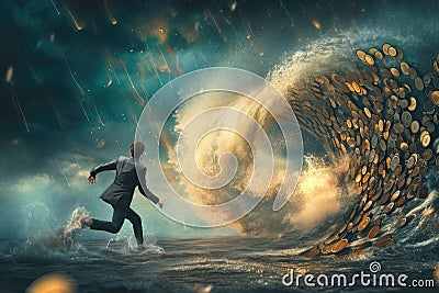 Man in Suit Running Through Giant Wave, Dramatic and Fearless Act, A man running away from a giant wave of coins representing the Stock Photo