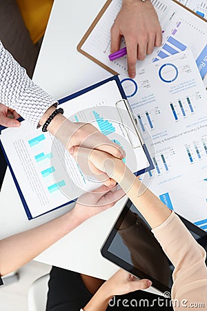 Man in suit shake hand as hello in office closeup Stock Photo