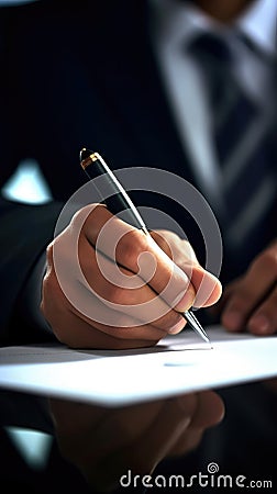 Man in a suit is signing a document with a pen Stock Photo