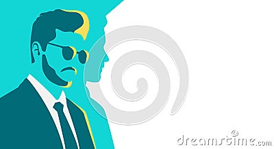 Man in a suit. Silhouette of human. Stylized retro style. Pop art people. Side view in profile. Colorful template. Simple Vector Illustration