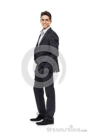 Man, suit and smile for portrait, confident and professional on white studio background. Businessman, young and ready Stock Photo