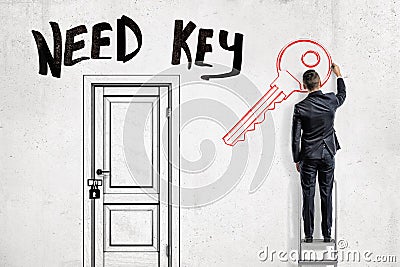 A man in suit standing on a ladder to the right of a locked door with the title `Need Key` above and drawing a key on a Stock Photo