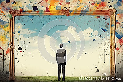 a man in a suit stands in front of a frame with confetti falling from it Stock Photo