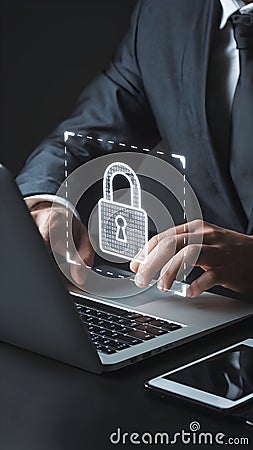 Man in suit types, with holographic padlock displayed, symbolizing secure data protection Stock Photo