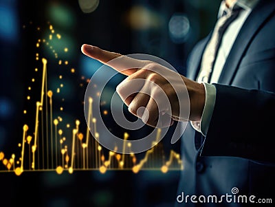 Man in suit, wearing tie and holding his finger up, is standing next to an illuminated graph. The lighted graph shows Stock Photo