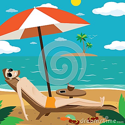 Man sunbathing on the beach Vector Illustration