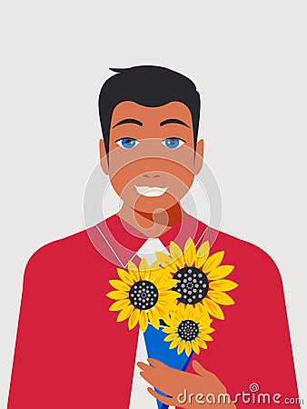 A handsome guy with short black hair and blue eyes in a red shirt and white tie holds a bouquet of yellow sunflowers in his hand Vector Illustration