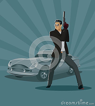 The man super agent. In a black with a gun. Luxury car. Vector i Vector Illustration