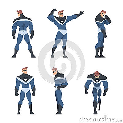 Man Superhero Character Dressed Black and Blue Costume and Mask in Action Vector Set Vector Illustration
