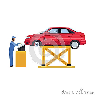 Man supervising a lifted car Vector Illustration