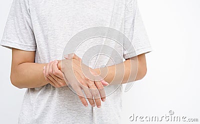 a man support his arms which pain,numbness,weakness,paralysis concept of Guillain barre syndrome caused by autoimmune Stock Photo