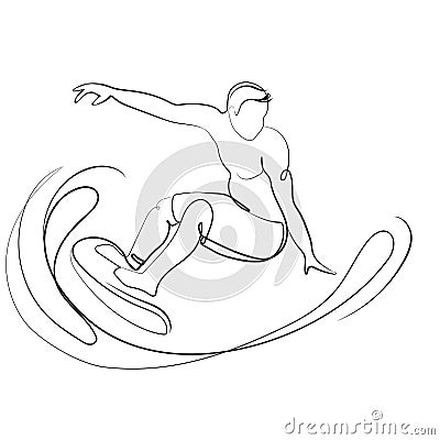 Man on surfboard riding a wave vector illustration.Surfer riding the waves,liner drawing Vector Illustration