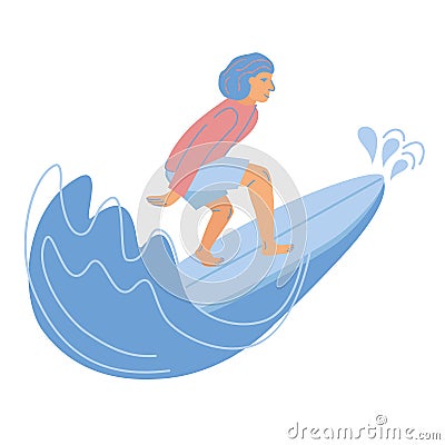 Man surfer rides on wave. Happy wave rider in swimwear on surfboard. Summer water activity Vector Illustration
