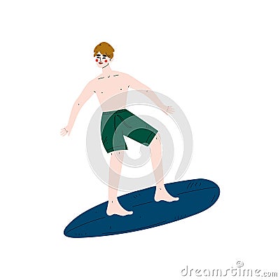 Man Surfer Riding Surfboard Catching Waves, Young Man Enjoying Summer Vacation on Sea or Ocean, Recreational Water Sport Vector Illustration