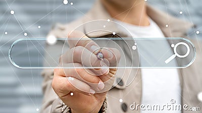 Man surfing on internet using tactile web address bar 3D rendering Stock Photo