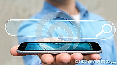 Man surfing on internet using tactile web address bar 3D rendering Stock Photo